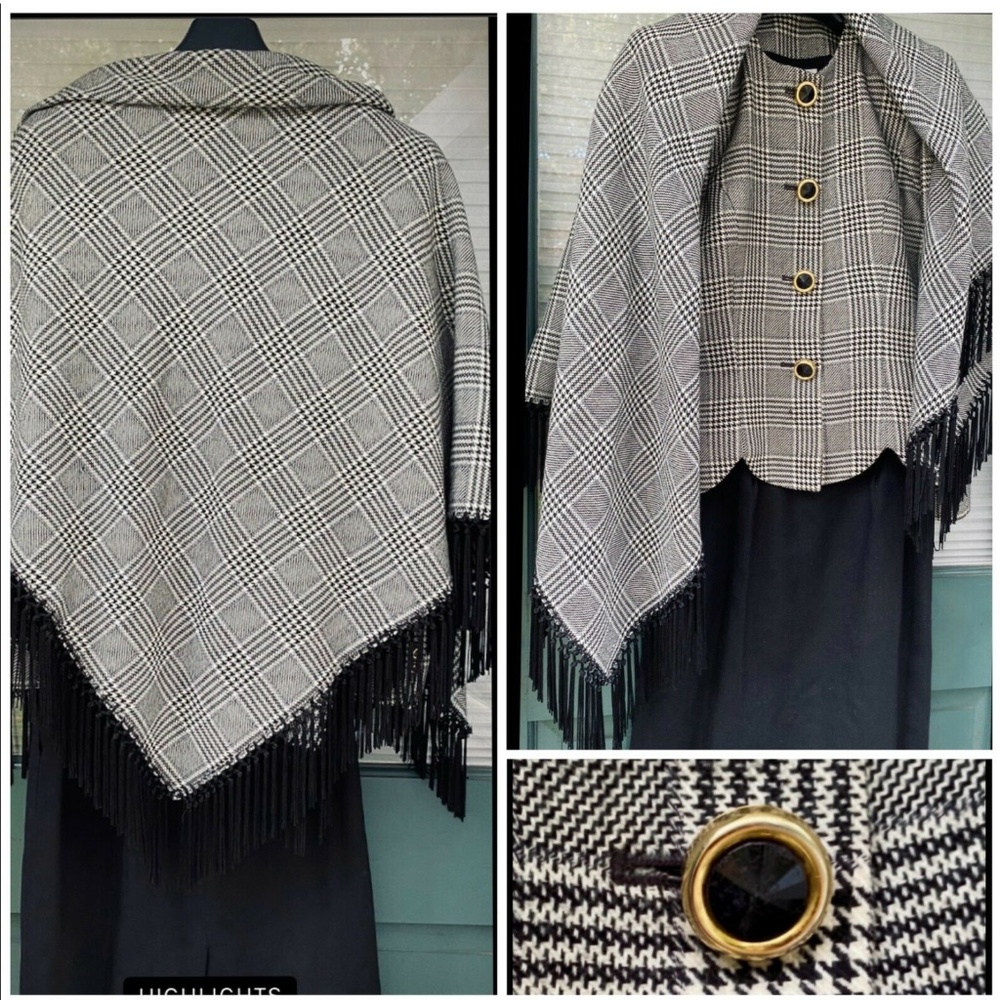 Vintage Albert Nipon 3 Pc Set Tailor Blazer Skirt Matching Shawl Houndstooth
